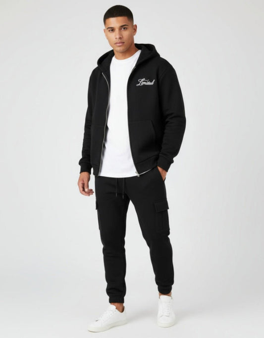 Mens black fleece zipper hoodies & fleece cargo joggers set - Brand You Need