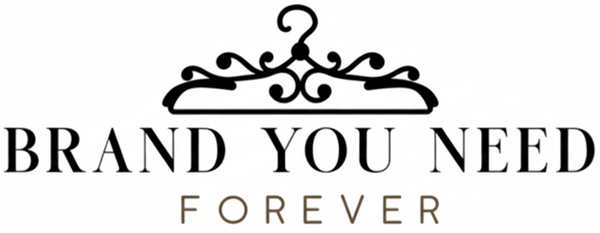 Logo with a hanger design and text 'BRAND YOU NEED FOREVER' on a white background